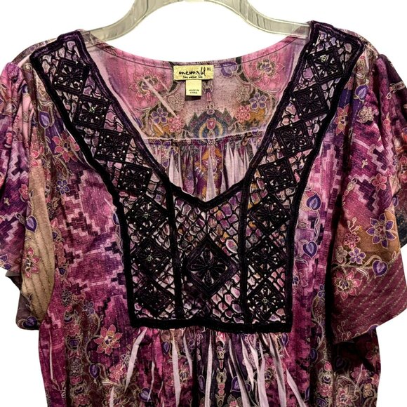 One World Y2 Purple Sublimation Print V-Neck SS Top Sz XL Whimsigoth Fairy Boho - Picture 1 of 7